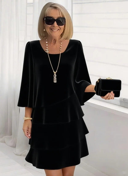Polyester Cape Sleeve Tiered Midi Dress with Round Neck
