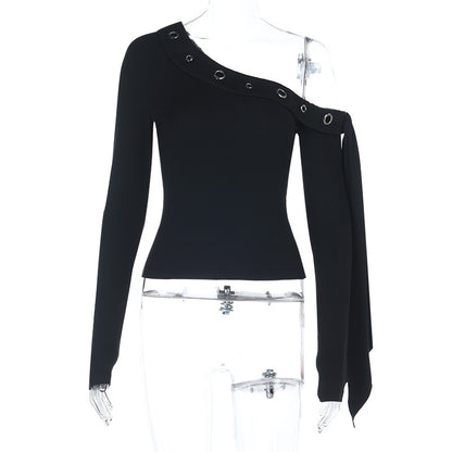 Bodycon One-Shoulder Top with Grommet Detail and Long Sleeves