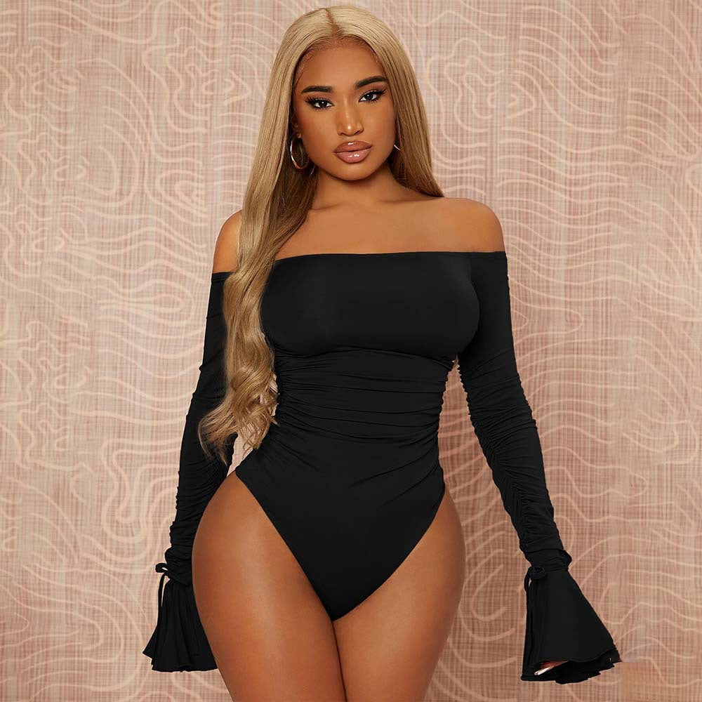 Bodycon Off-the-Shoulder Bodysuit with Ruched Bell Sleeves