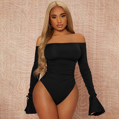 Bodycon Off-the-Shoulder Bodysuit with Ruched Bell Sleeves