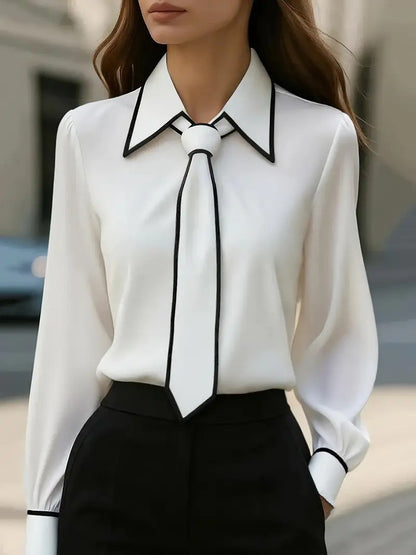 Solid Long Sleeve Blouse with Outlined Tie and Collar