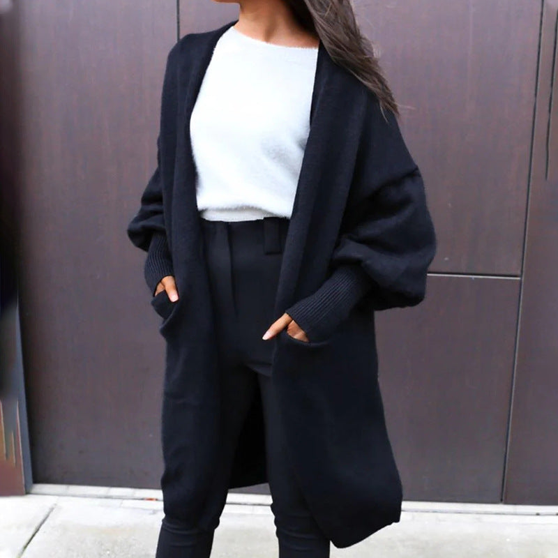 Longline Open-Front Cardigan with Puff Sleeves