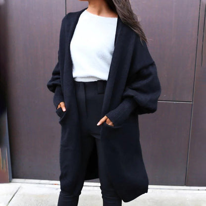 Longline Open-Front Cardigan with Puff Sleeves