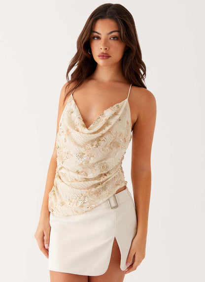 Sequined Cowl Neck Cami with Floral Embroidery