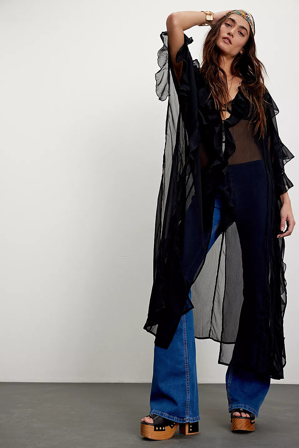 Asymmetrical Ruffled Chiffon Duster with Dolman Sleeves