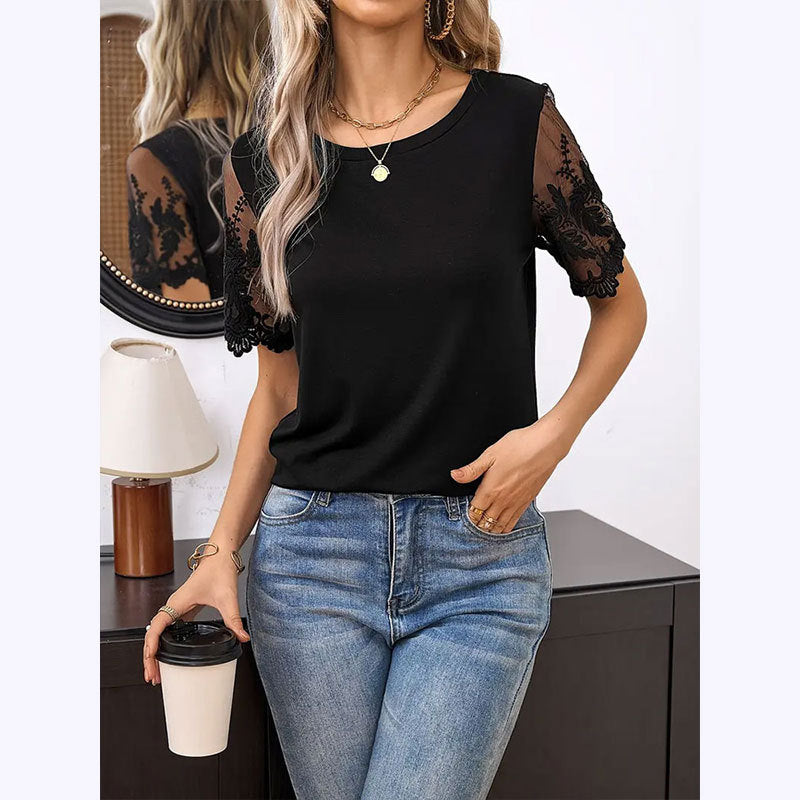 Loose Knit T-Shirt with Embroidered Lace Sleeves