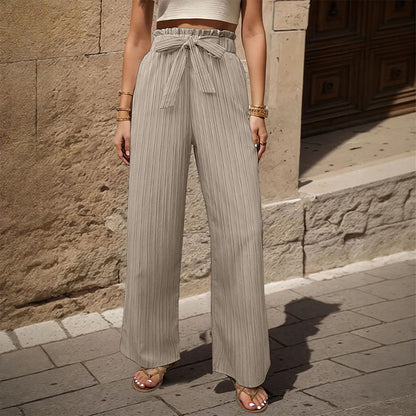 Ribbed Wide-Leg Pants with Paperbag Tie-Waist