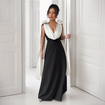 Color Block Maxi Dress with Draped V-Neck and Shoulder Detail