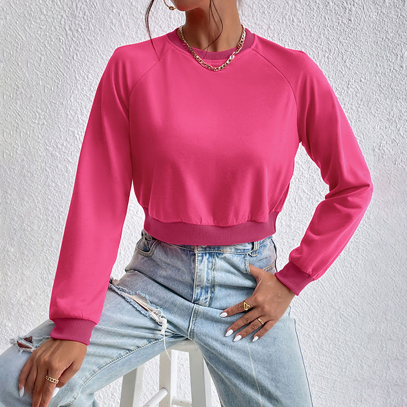 Solid Crewneck Cropped Sweatshirt with Raglan Sleeves