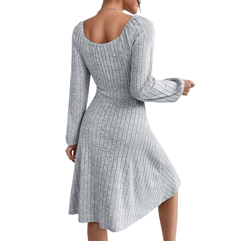Ribbed Knit A-Line Dress with Tie-Front and Long Sleeves