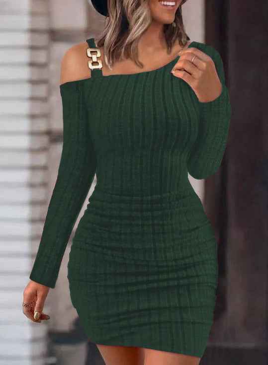 Ribbed Knit Bodycon Mini Dress with One-Shoulder & Buckle