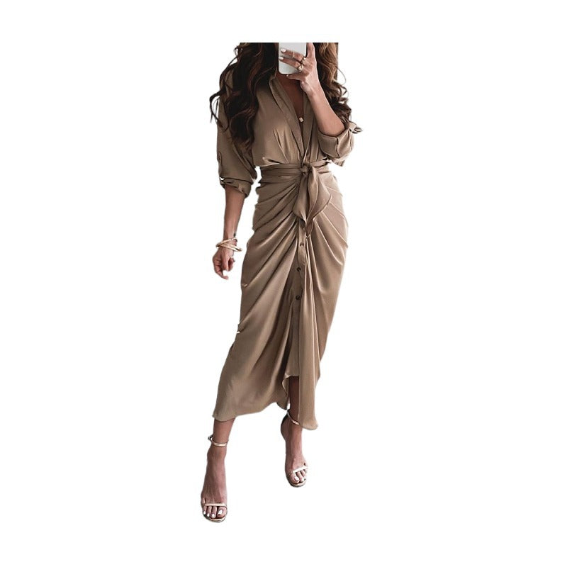 Striped Long Sleeve Midi Dress with V-Neck and Tie-Waist