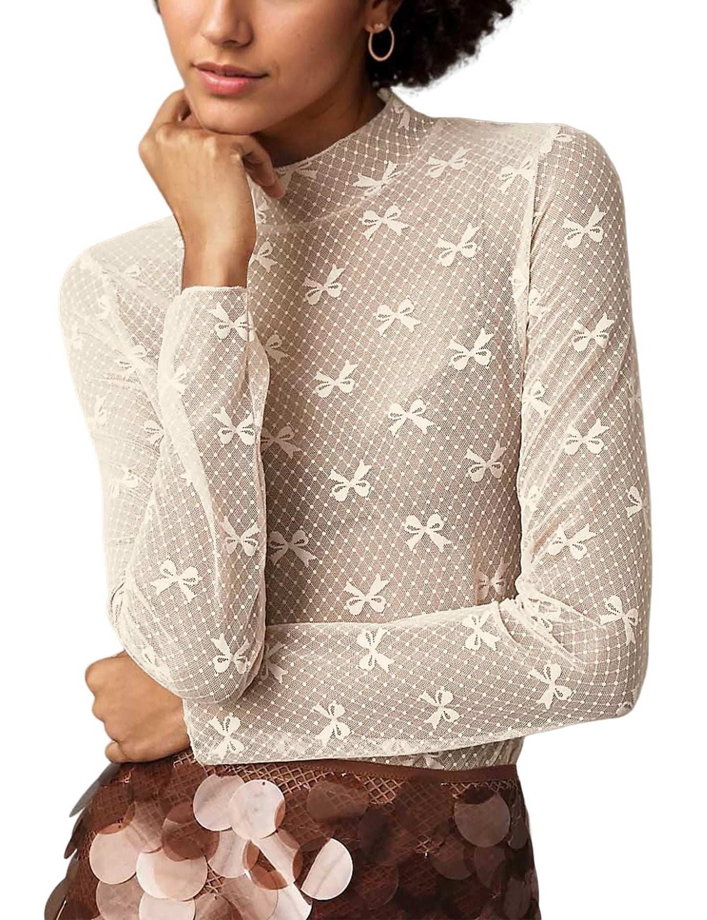 Bow Print Mesh Top with Long Sleeves and Mock Neck