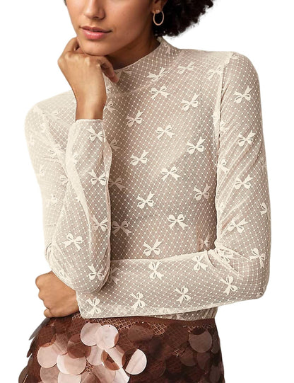 Bow Print Mesh Top with Long Sleeves and Mock Neck