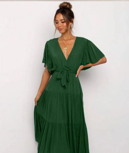 Tiered Maxi Dress with Wrap V-Neck and Flutter Sleeves
