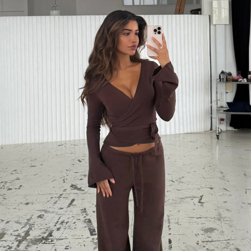 Solid Ribbed Knit Two-Piece Set with Wrap Top and Flared Sleeves