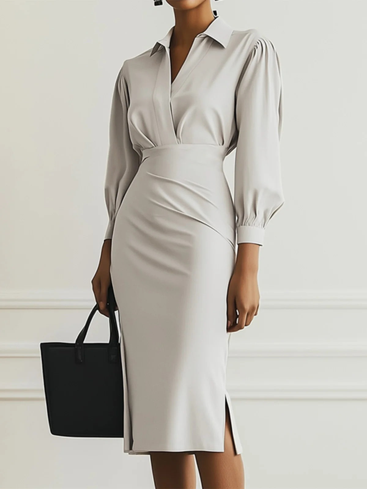 Sheath Midi Dress with V-Neck and Ruched Waist