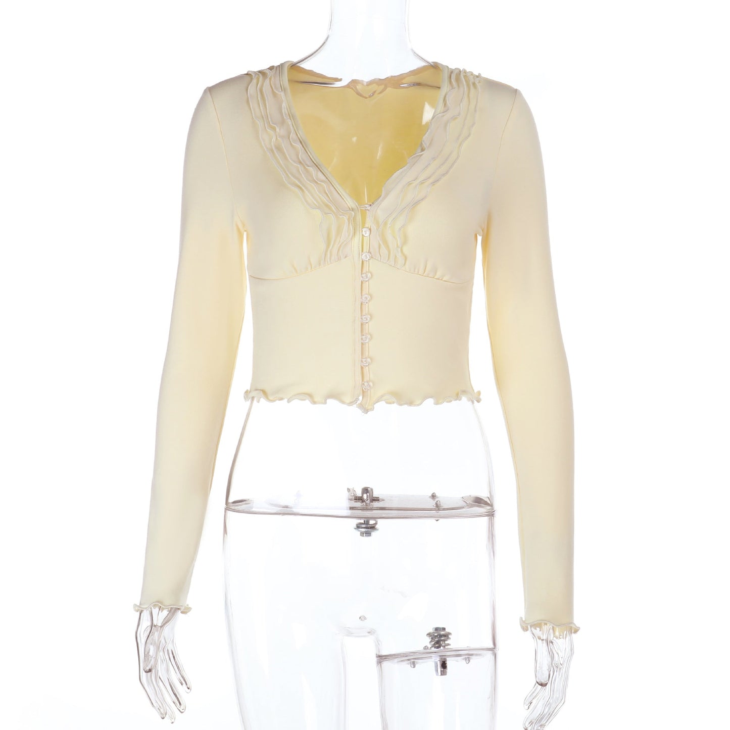 Cropped V-Neck Cardigan with Lettuce Edge and Button Front