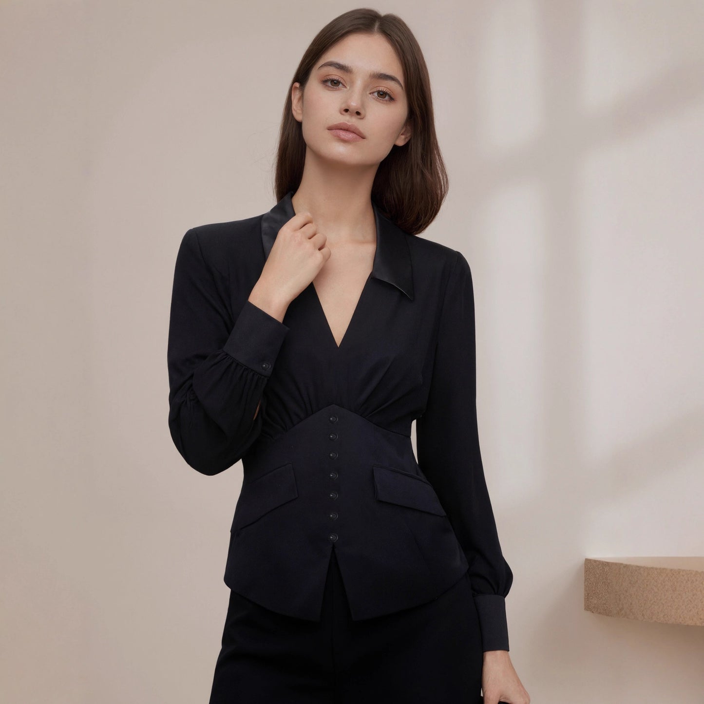 Corset-Style Blouse with Satin Lapel and Puff Sleeves