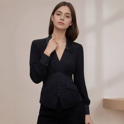 Corset-Style Blouse with Satin Lapel and Puff Sleeves