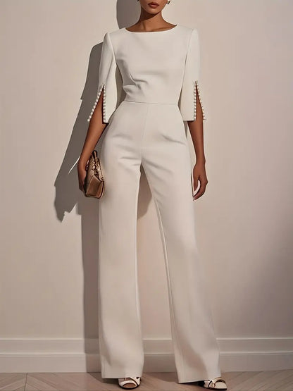 Wide-Leg Jumpsuit with Three-Quarter Pearl Split Sleeves
