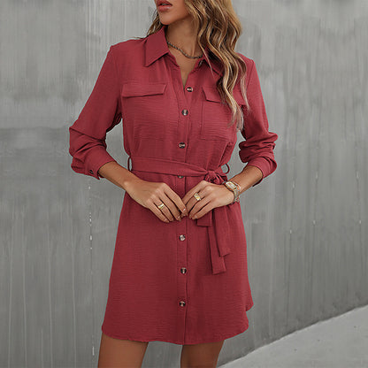 A-Line Shirt Dress with Tie Waist and Button Front