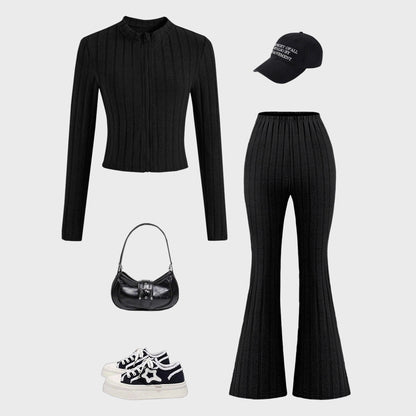 Ribbed Knit Two-Piece Set with Zip-Front Top and Flared Pants