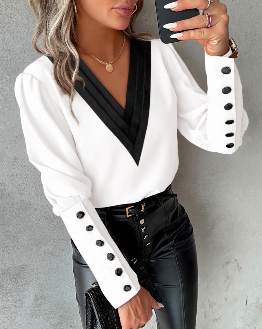 Solid Blouse with Contrast Pleated V-Neck and Button Cuffs