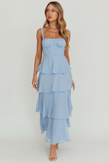 Tiered Midi Dress with Ruched Bodice and Backless Tie