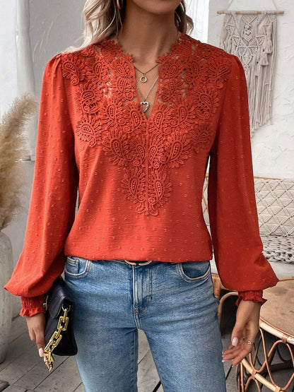 Swiss Dot Blouse with Lace V-Neck and Long Sleeves