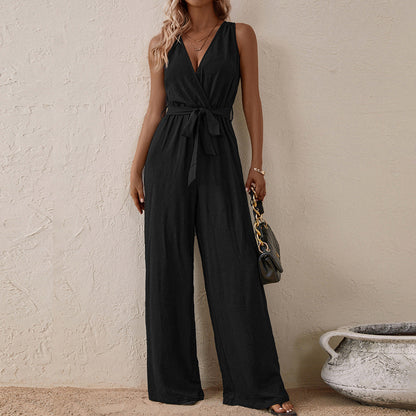 Wide-Leg Sleeveless Jumpsuit with V-Neck and Tie-Waist