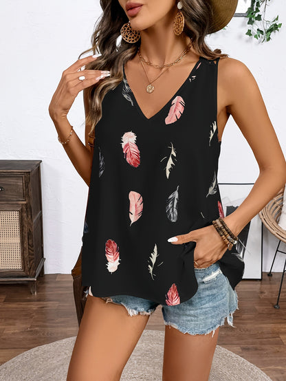 Feather Print Sleeveless Top with V-Neck and Crochet Back