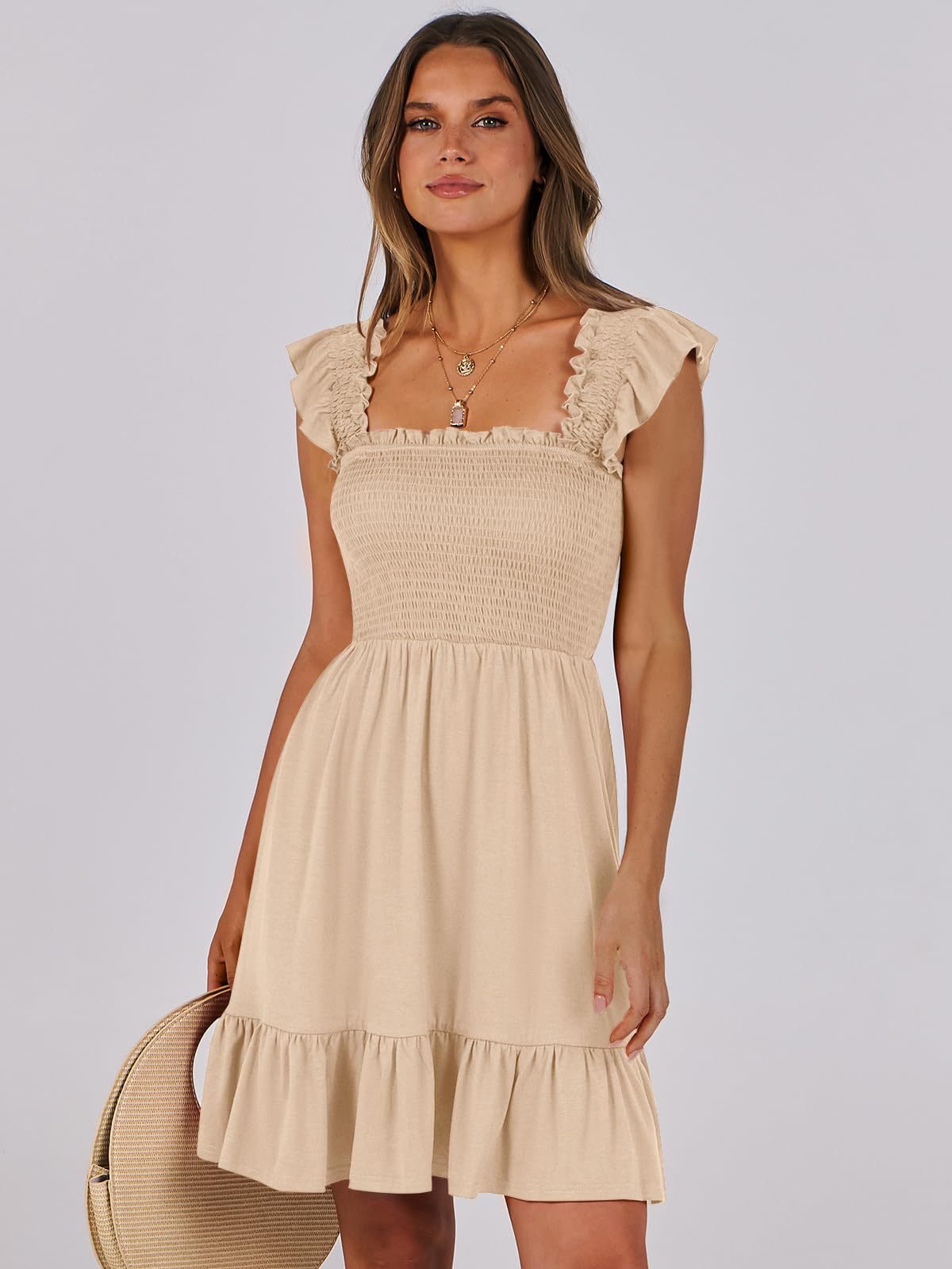 Smocked A-Line Mini Dress with Flutter Sleeves and Ruffle Hem