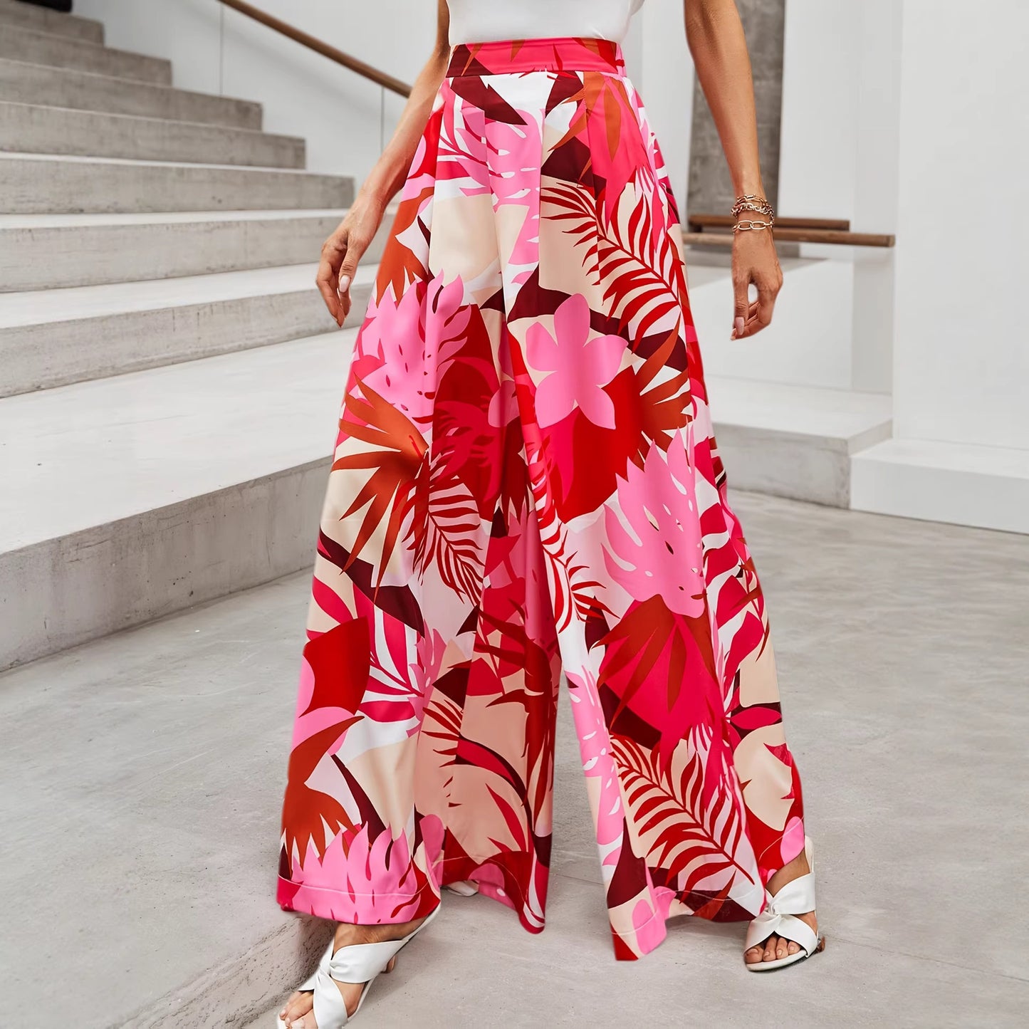 Tropical Print Wide-Leg Pants with High Elastic Waist