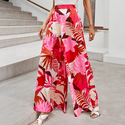 Tropical Print Wide-Leg Pants with High Elastic Waist