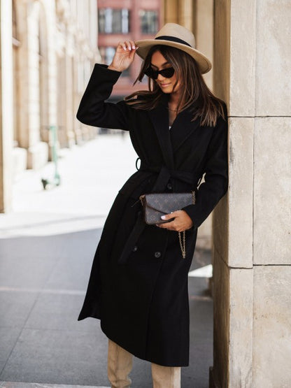 Solid Long Trench Coat with Belt and Lapel Collar
