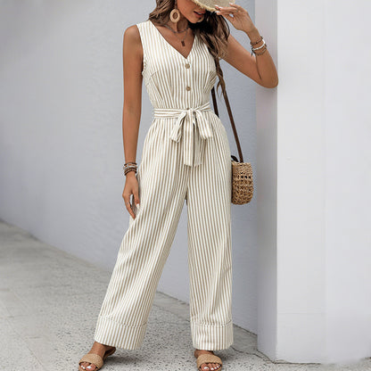 Striped Wide-Leg Jumpsuit with V-Neck and Tie-Waist