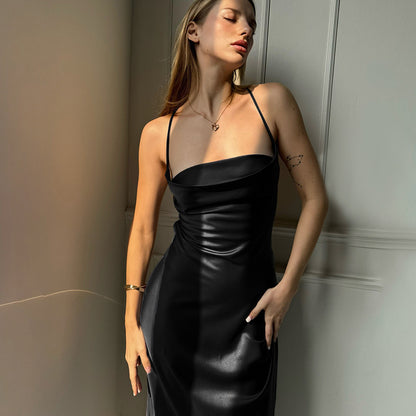 Satin Slip Maxi Dress with Cowl Neck and High Slit