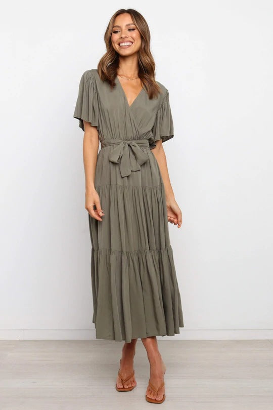 Tiered Maxi Dress with Wrap V-Neck and Flutter Sleeves