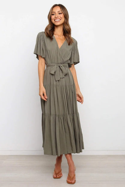 Tiered Maxi Dress with Wrap V-Neck and Flutter Sleeves