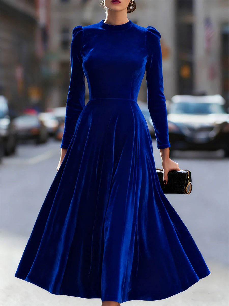 Velvet Swing Midi Dress with Round Neck and Puff Shoulders
