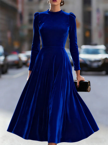 Velvet Swing Midi Dress with Round Neck and Puff Shoulders