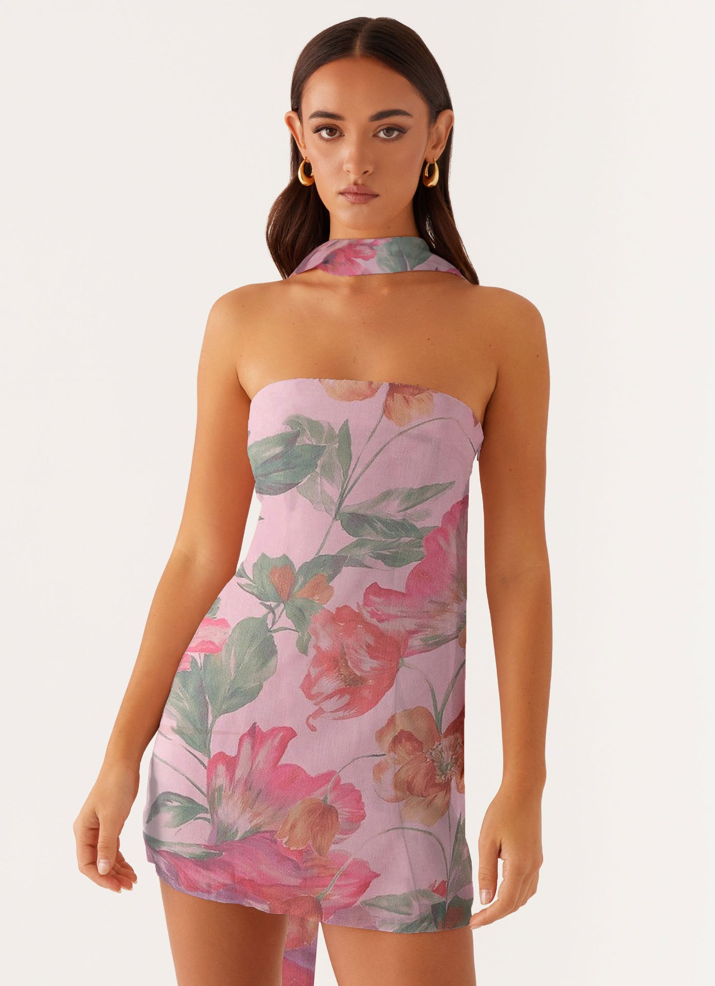 Floral Chiffon A-Line Mini Dress with Choker Neck Tie