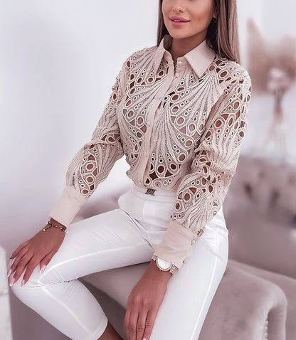 Hollow-Out Lace Button-Down Shirt with Lapel Collar