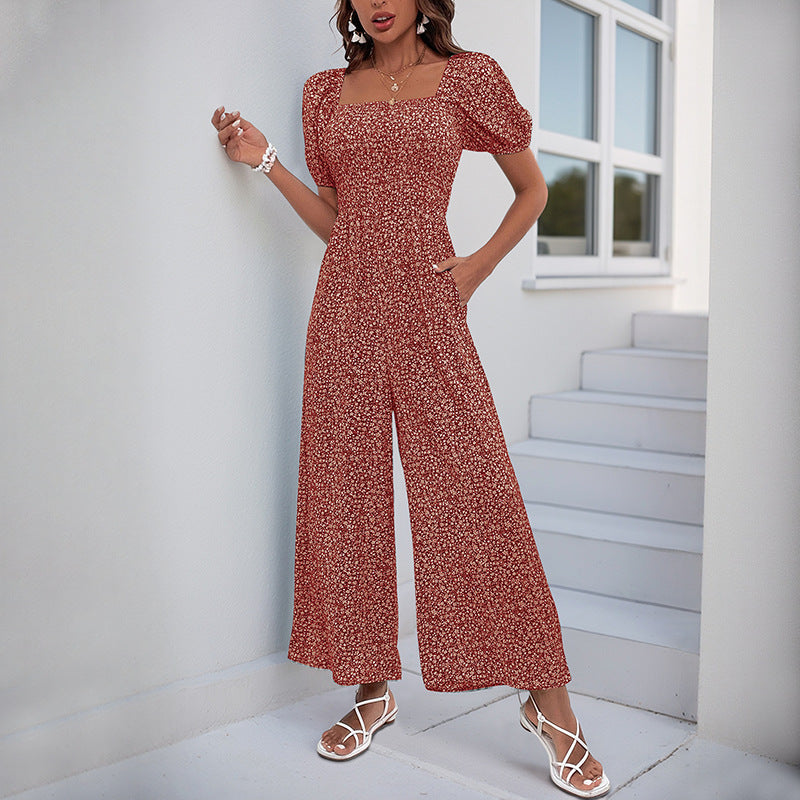 Smocked Floral Jumpsuit with Square Neck and Wide Legs