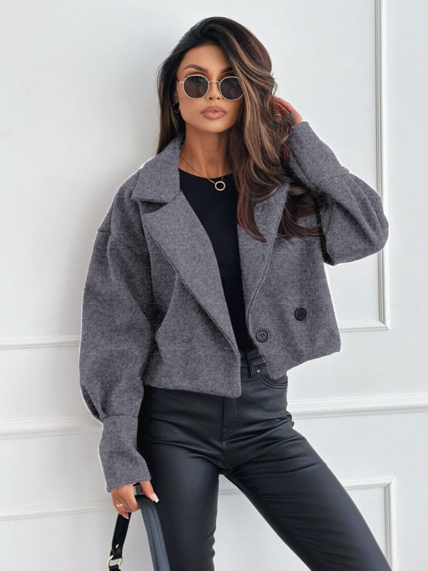 Cropped Woolen-Look Coat with Notched Lapel and Gathered Cuffs