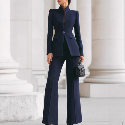 Slim Fit Pantsuit with Stand Collar and Flared Trousers