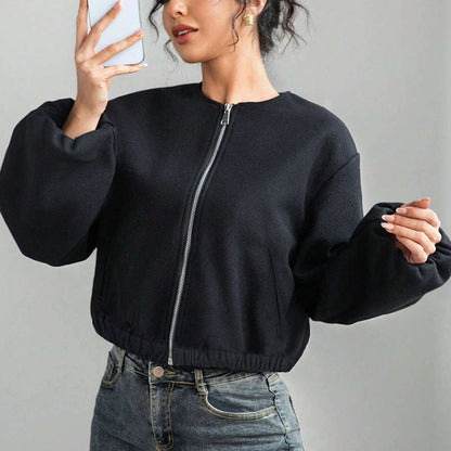 Cropped Corduroy Bomber Jacket with Round Neck