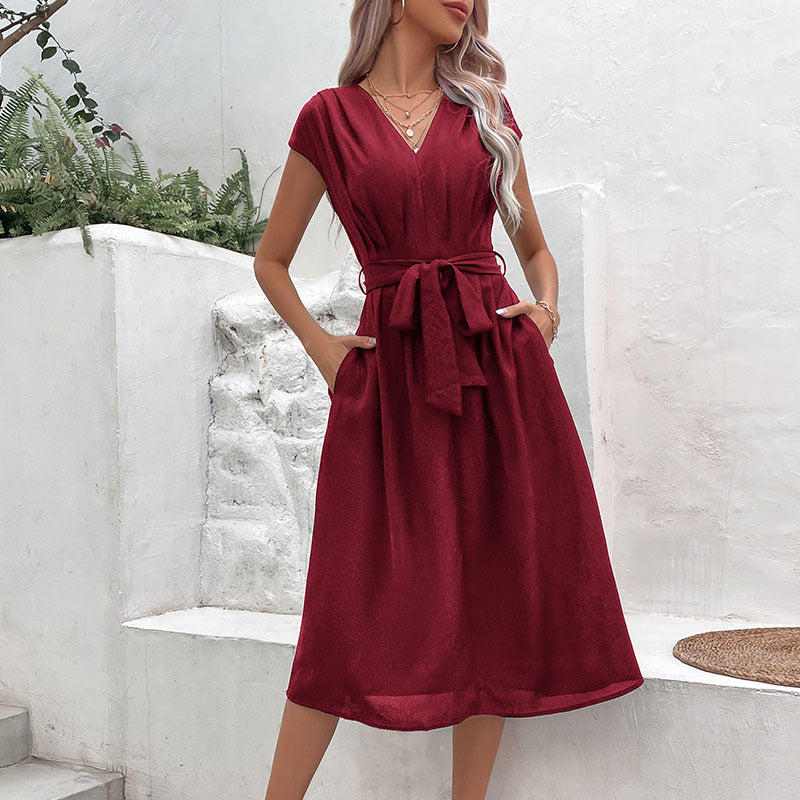 A-Line Midi Dress with V-Neck and Self-Tie Waist
