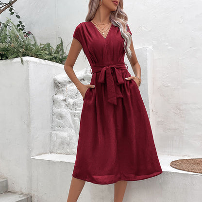 A-Line Midi Dress with V-Neck and Self-Tie Waist